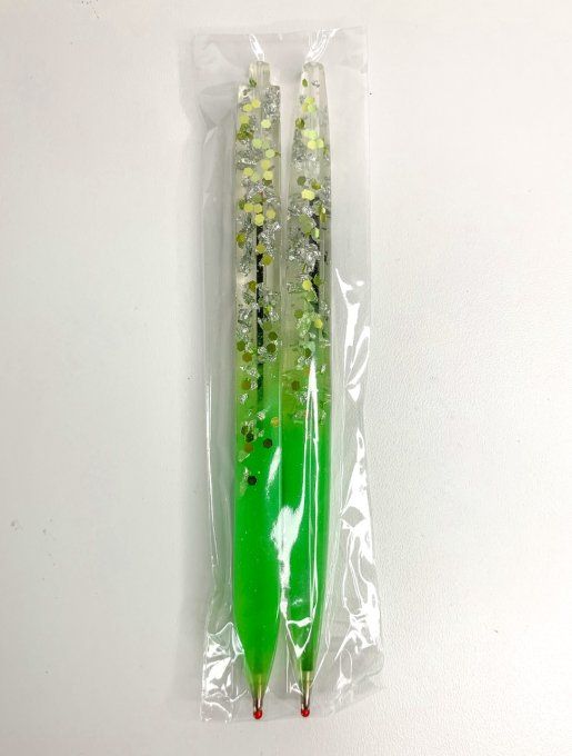 2 stylos citron vert, paillettes et feuilles argent