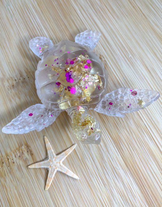 Tortue transparente feuilles or et paillettes fuchsia 